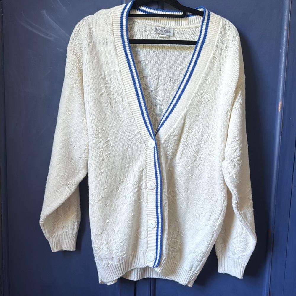 Vintage 90's bonjour White and Blue Cardigan Sweater L/XL